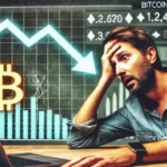 Um investidor angustiado olhando para uma tela que mostra uma queda significativa no valor do Bitcoin, com gráficos indicando uma tendência de queda. Elementos visuais incluem um gráfico digital exibindo um declínio acentuado, símbolos de Bitcoin e elementos de fundo representando dados e transações financeiras. O clima geral transmite urgência e perda financeira.