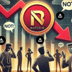 Ilustração dramática mostrando o logo do Notcoin caindo em um gráfico financeiro com uma seta vermelha apontando para baixo. Ao fundo, silhuetas de investidores confusos e preocupados, com balões de fala expressando preocupação e incerteza. O esquema de cores, com tons de vermelho e escuro, transmite um senso de urgência e crise.