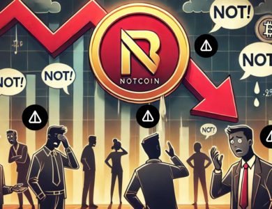 Ilustração dramática mostrando o logo do Notcoin caindo em um gráfico financeiro com uma seta vermelha apontando para baixo. Ao fundo, silhuetas de investidores confusos e preocupados, com balões de fala expressando preocupação e incerteza. O esquema de cores, com tons de vermelho e escuro, transmite um senso de urgência e crise.
