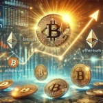 Gráfico de preços do Bitcoin em alta, símbolos de altcoins como Ethereum e dados financeiros ao fundo, representando o crescimento e o otimismo no mercado de criptomoedas.