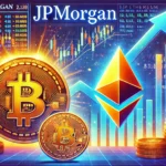 Ilustração vibrante do mercado de criptomoedas, mostrando os símbolos do Bitcoin e Ethereum subindo em valor, com um gráfico financeiro em tendência de alta ao fundo e o logo do JP Morgan sutilmente incorporado. A imagem evoca antecipação e otimismo sobre a potencial recuperação das criptomoedas.