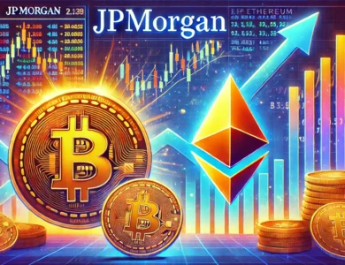 Ilustração vibrante do mercado de criptomoedas, mostrando os símbolos do Bitcoin e Ethereum subindo em valor, com um gráfico financeiro em tendência de alta ao fundo e o logo do JP Morgan sutilmente incorporado. A imagem evoca antecipação e otimismo sobre a potencial recuperação das criptomoedas.