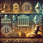 Imagem retangular ilustrando a regulação das criptomoedas. No centro, estão símbolos de criptomoedas como Bitcoin e Ethereum. Ao redor, elementos representando regulação, como um martelo de juiz, balança da justiça e edifícios governamentais. O fundo mistura códigos digitais e gráficos financeiros, refletindo os aspectos tecnológicos e econômicos do mercado cripto. A imagem transmite um tom sério, destacando o conflito e equilíbrio entre inovação e supervisão regulatória.