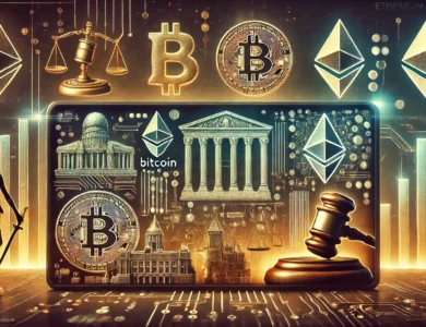 Imagem retangular ilustrando a regulação das criptomoedas. No centro, estão símbolos de criptomoedas como Bitcoin e Ethereum. Ao redor, elementos representando regulação, como um martelo de juiz, balança da justiça e edifícios governamentais. O fundo mistura códigos digitais e gráficos financeiros, refletindo os aspectos tecnológicos e econômicos do mercado cripto. A imagem transmite um tom sério, destacando o conflito e equilíbrio entre inovação e supervisão regulatória.