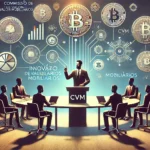 Presidente da CVM, João Pedro Nascimento, em escritório moderno com gráficos de criptomoedas ao fundo, destacando avanços na regulação de criptomoedas no Brasil.