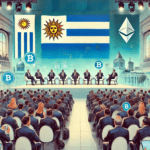 Uma imagem que ilustra um evento de cúpula financeira em Montevidéu, Uruguai. A sala de conferências está lotada com empresários e empresárias atentos a um palestrante no palco. O palco possui um fundo com o texto "Forbes Revolución Fintech Summit". Bandeiras do Uruguai e símbolos de criptomoedas como Bitcoin e Ethereum estão presentes, refletindo um ambiente profissional e vibrante de discussão sobre regulamentações financeiras.