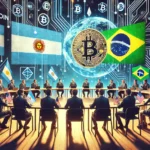 Imagem de uma conferência formal sobre regulação de criptomoedas, com bandeiras da Argentina e Brasil, símbolos de Bitcoin e um fundo digital com gráficos de blockchain. A atmosfera é profissional, destacando colaboração e inovação no setor cripto.