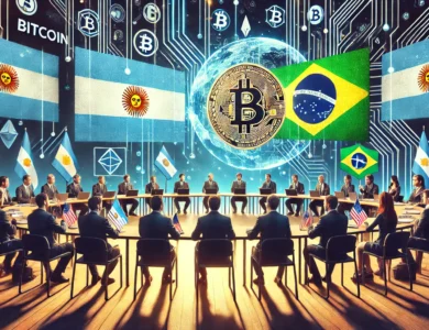 Imagem de uma conferência formal sobre regulação de criptomoedas, com bandeiras da Argentina e Brasil, símbolos de Bitcoin e um fundo digital com gráficos de blockchain. A atmosfera é profissional, destacando colaboração e inovação no setor cripto.