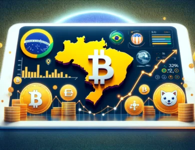 Imagem mostrando o destaque do Brasil no relatório do CoinMarketCap. No centro, um mapa do Brasil iluminado, cercado por ícones das criptomoedas Bitcoin, Solana, Notcoin, Pepe e DOG•GO•TO•THE•MOON. Ao fundo, um gráfico de tendência ascendente. No topo, o título "Brasil é destaque no relatório do CoinMarketCap