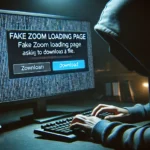 Tela de computador mostrando uma página falsa de carregamento do Zoom com uma mensagem pedindo para baixar um arquivo. Ao fundo, um hacker de moletom com capuz digita em um teclado em um ambiente escuro e ameaçador, destacando a ameaça à cibersegurança.