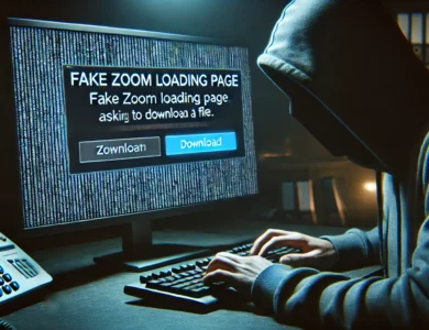 Tela de computador mostrando uma página falsa de carregamento do Zoom com uma mensagem pedindo para baixar um arquivo. Ao fundo, um hacker de moletom com capuz digita em um teclado em um ambiente escuro e ameaçador, destacando a ameaça à cibersegurança.