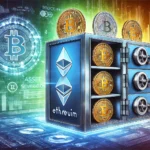 Imagem um cofre digital com símbolos de criptomoedas (como Bitcoin e Ethereum) armazenados em compartimentos separados, destacando o conceito de segregação de ativos nas exchanges de criptomoedas. O fundo possui elementos de tecnologia moderna, como símbolos de blockchain e gráficos financeiros, transmitindo a ideia de transações digitais seguras e transparentes.