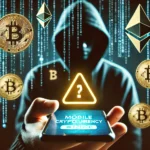 Celular com símbolo de alerta na tela, cercado por ícones de criptomoedas como Bitcoin e Ethereum, e um hacker ao fundo simbolizando a mineração de criptomoedas.
