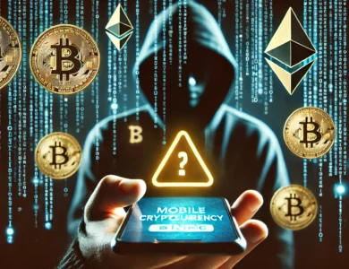 Celular com símbolo de alerta na tela, cercado por ícones de criptomoedas como Bitcoin e Ethereum, e um hacker ao fundo simbolizando a mineração de criptomoedas.