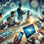 Ilustração de comerciantes de criptomoedas utilizando o serviço P2P da CoinEx para ganhar prêmios e benefícios.