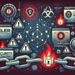 Imagem mostrando vários sites de criptomoedas sob ataque, com cadeias quebradas, símbolos de aviso e brechas de segurança. Logos dos projetos afetados, como Celer Network e Compound Finance, estão presentes. O esquema de cores inclui tons escuros com alertas vermelhos, enfatizando perigo e urgência.