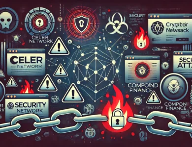 Imagem mostrando vários sites de criptomoedas sob ataque, com cadeias quebradas, símbolos de aviso e brechas de segurança. Logos dos projetos afetados, como Celer Network e Compound Finance, estão presentes. O esquema de cores inclui tons escuros com alertas vermelhos, enfatizando perigo e urgência.