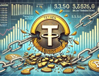 Ilustração do fracasso da stablecoin aUSDT da Tether, destacando números baixos de adoção e transações.