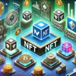 Ilustração vibrante de várias plataformas de NFT, destacando logotipos e elementos digitais de recompensas de staking, com um design futurista e inspirado em tecnologia.