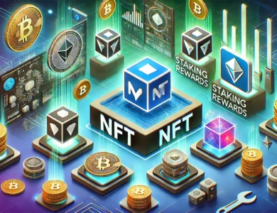 Ilustração vibrante de várias plataformas de NFT, destacando logotipos e elementos digitais de recompensas de staking, com um design futurista e inspirado em tecnologia.