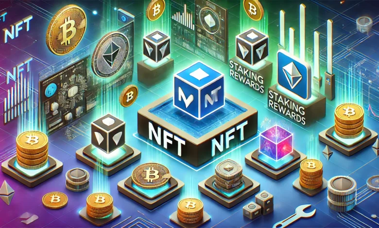 Ilustração vibrante de várias plataformas de NFT, destacando logotipos e elementos digitais de recompensas de staking, com um design futurista e inspirado em tecnologia.