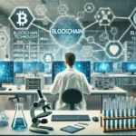 Pesquisadores em um laboratório moderno trabalhando em tecnologia blockchain, com computadores e equipamentos científicos ao fundo.
