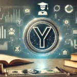 Imagem moderna e sofisticada de um token digital com a palavra "Yascoin" em destaque. Ao redor do token, há elementos visuais que representam educação e finanças, como livros, um capelo de formatura, gráficos e dinheiro. O fundo da imagem mostra um ambiente profissional, como uma universidade ou um escritório, com iluminação sutil que cria uma atmosfera envolvente e elegante.