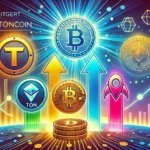 Imagem ilustrativa mostrando o crescimento de tokens emergentes no mercado de criptomoedas. Inclui os logotipos da Bitgert (BRISE), Toncoin (TON), Immutable (IMX) e LandWolf (SOL) com um fundo de rede digital e gráficos de crescimento.