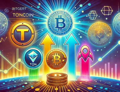 Imagem ilustrativa mostrando o crescimento de tokens emergentes no mercado de criptomoedas. Inclui os logotipos da Bitgert (BRISE), Toncoin (TON), Immutable (IMX) e LandWolf (SOL) com um fundo de rede digital e gráficos de crescimento.