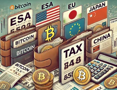 Ilustração de diferentes carteiras de criptomoedas e suas implicações fiscais.