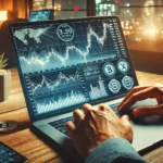 Trader analisando gráficos de criptomoedas em um laptop, destacando a volatilidade do mercado e oportunidades de lucro com a venda a descoberto na Coinbase.