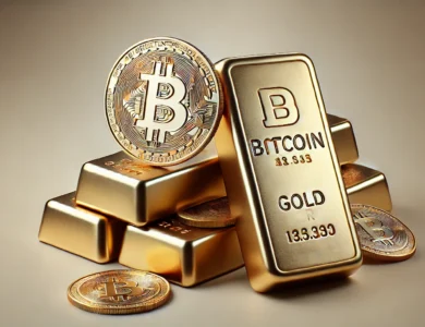 Imagem de Bitcoin e barras de ouro lado a lado, representando o conceito de "ouro digital".