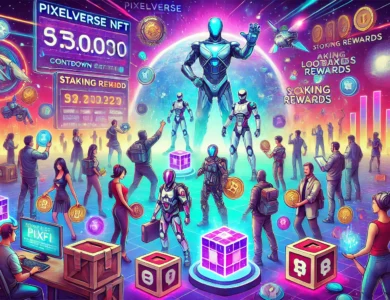 Imagem ilustrativa do evento de cunhagem de NFTs do Pixelverse na Rede TON, destacando avatares exclusivos e a distribuição massiva de NFTs para a comunidade.