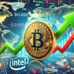Gráfico mostrando a estabilidade e o crescimento do Bitcoin em US$ 63.000 com seta verde apontando para cima, enquanto ações globais, como Intel e Amazon, caem acentuadamente com setas vermelhas apontando para baixo.