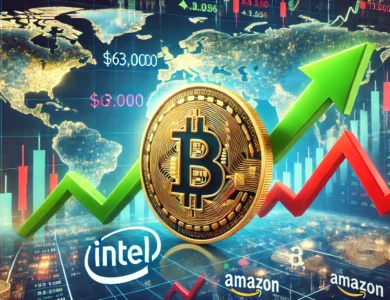 Gráfico mostrando a estabilidade e o crescimento do Bitcoin em US$ 63.000 com seta verde apontando para cima, enquanto ações globais, como Intel e Amazon, caem acentuadamente com setas vermelhas apontando para baixo.