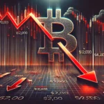 Gráfico dramático mostrando a queda do preço do Bitcoin de $70.000 para abaixo de $63.000, com níveis de suporte marcados em $52.000 e $42.000.