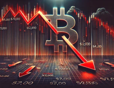 Gráfico dramático mostrando a queda do preço do Bitcoin de $70.000 para abaixo de $63.000, com níveis de suporte marcados em $52.000 e $42.000.