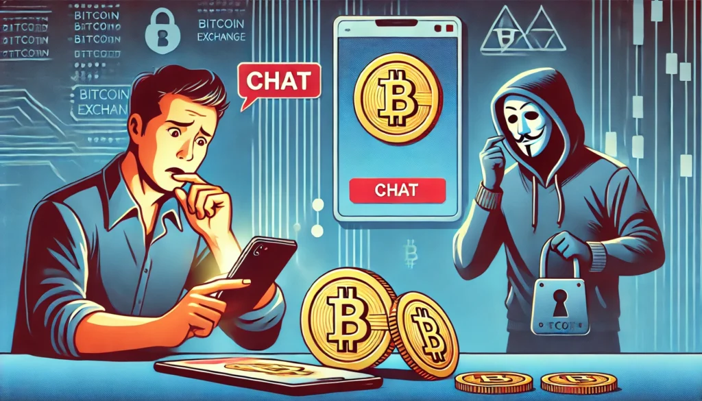 Ilustração de alerta mostrando uma ligação e mensagem de golpista fingindo ser representante de exchange de criptomoedas, com elementos de segurança digital.