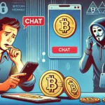 Ilustração de alerta mostrando uma ligação e mensagem de golpista fingindo ser representante de exchange de criptomoedas, com elementos de segurança digital.