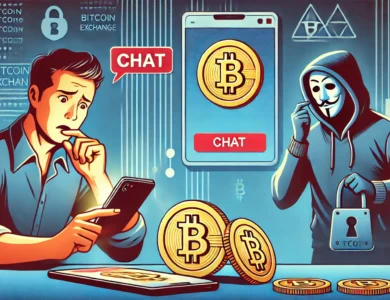 Ilustração de alerta mostrando uma ligação e mensagem de golpista fingindo ser representante de exchange de criptomoedas, com elementos de segurança digital.