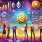 Ilustração digital mostrando vários analistas de criptomoedas discutindo suas previsões e estratégias em um ambiente moderno e tecnológico, com gráficos e ícones de criptomoedas populares como Bitcoin, Ethereum e LINK Coin.
