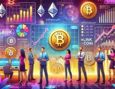 Ilustração digital mostrando vários analistas de criptomoedas discutindo suas previsões e estratégias em um ambiente moderno e tecnológico, com gráficos e ícones de criptomoedas populares como Bitcoin, Ethereum e LINK Coin.
