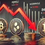 Imagem ilustra a hard news sobre as criptomoedas PEPE, Wormhole e IMX. O design moderno e elegante com tons escuros e destaques em vermelho enfatiza a seriedade da queda financeira dessas criptomoedas.