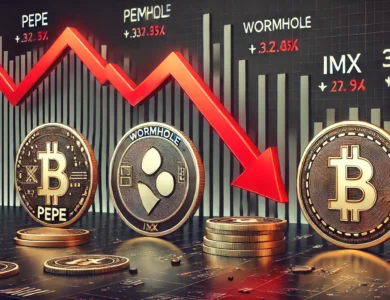 Imagem ilustra a hard news sobre as criptomoedas PEPE, Wormhole e IMX. O design moderno e elegante com tons escuros e destaques em vermelho enfatiza a seriedade da queda financeira dessas criptomoedas.