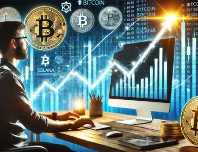Gráfico mostrando a valorização das criptomoedas e o lucro em curto prazo de um trader.