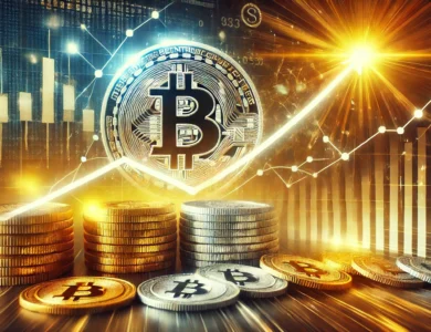 Gráfico de Bitcoin em ascensão com fundo de moedas de ouro e prata, representando oportunidades de investimento.
