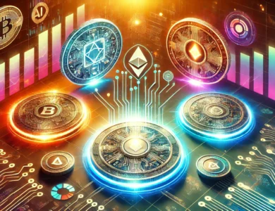 Imagem futurista de várias moedas digitais com elementos de IA, como circuitos e redes neurais, integrados ao design. O fundo é dinâmico e vibrante, com gráficos e gráficos indicando crescimento e tendências ascendentes. Texto na parte inferior: 'Moedas de IA com Potencial de Valorização'.