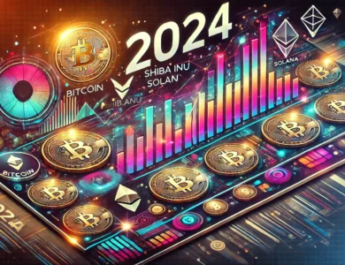 Gráfico ilustrando as previsões de preço de diversas criptomoedas, incluindo Bitcoin e Shiba Inu, para 2024.