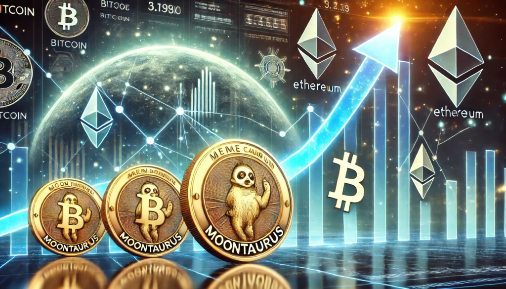 Gráfico de crescimento das moedas meme com destaque para MoonTaurus (MNTR) em um fundo de tema cripto.