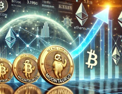 Gráfico de crescimento das moedas meme com destaque para MoonTaurus (MNTR) em um fundo de tema cripto.